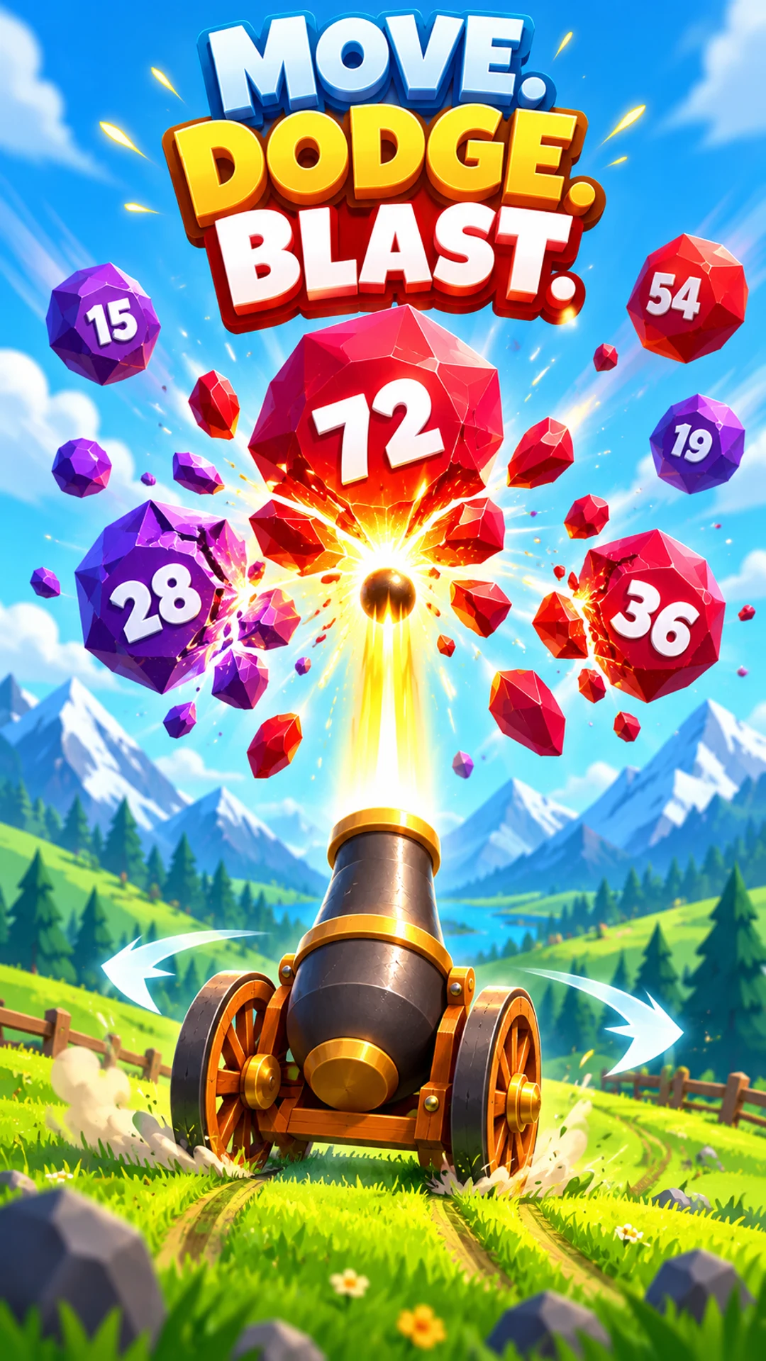 Promotional illustration of a wheeled cannon blasting numbered rocks in an alpine valley